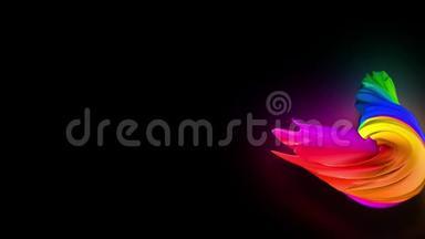 彩色丝带的三维动画流在黑色背景上与霓虹灯飞行。 条纹流动的彩虹渐变